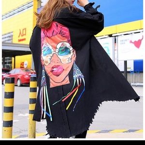 Jean Black destressed Jacket graphic